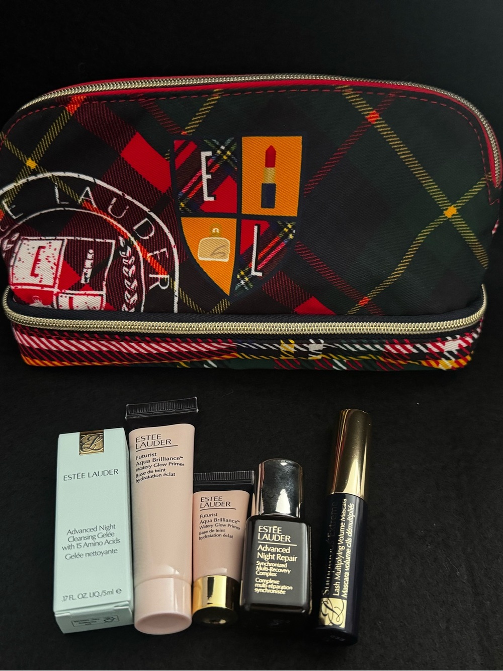 Estee Lauder Black, Red & Gold Plaid Cosmetic Bag w/ Mini Skincare & Makeup Set